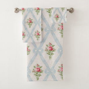 Rose Victorian Roses w/Blue Ribbon Lattice