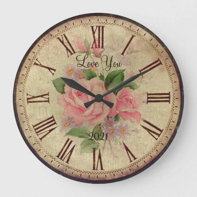 Rose vintage with personal text large clock (Front)