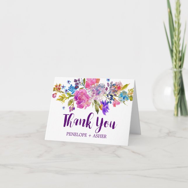 Rose violet et Fleurs bleues Mariage Merci (Devant)