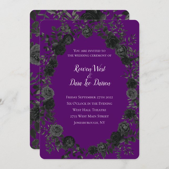 Rose violet et noir Invitations de mariage gothiqu (Devant / Derrière)