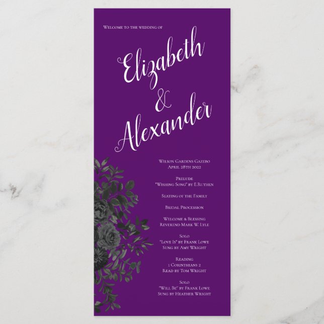 Rose violet et noir Programmes de mariage gothique (Devant)