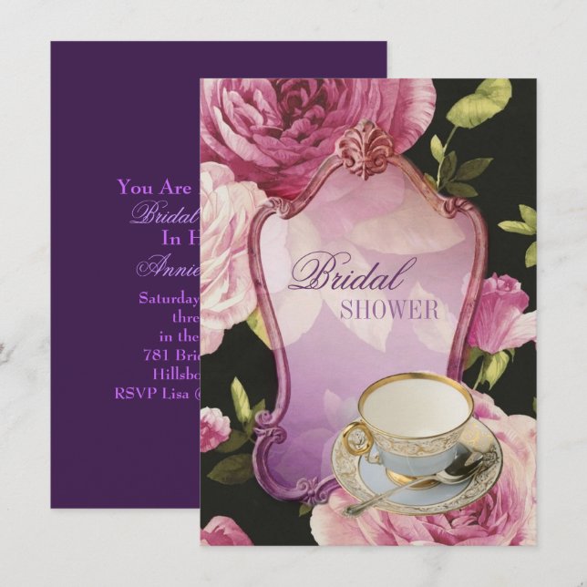 rose violet Fête des mariées Tea Party Invitation (Devant / Derrière)