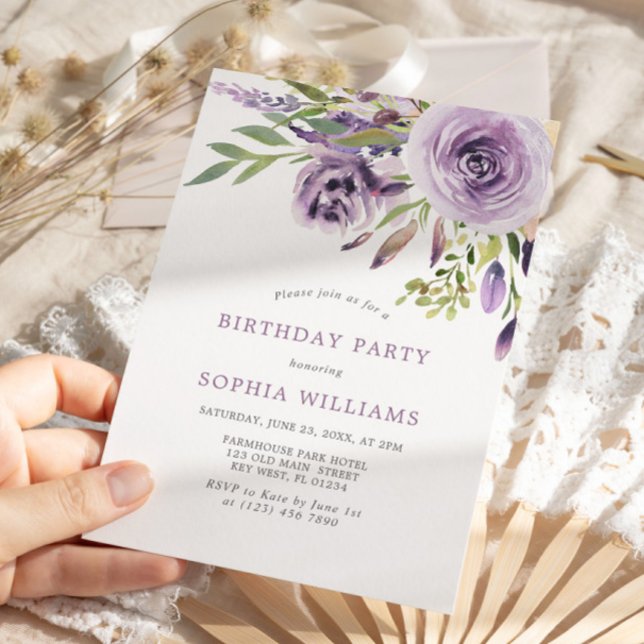 Rose violet Floral Invitation fête d'anniversaire (Créateur téléchargé)