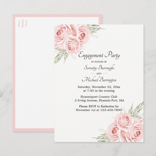 Rose Watercolor  Pink Floral Engagement Party Invitation Postcard (Front/Back)