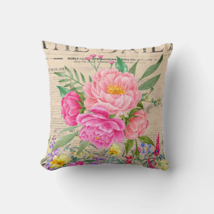 Rose, Watercolor, Vintage Newspapers Throw Pillow