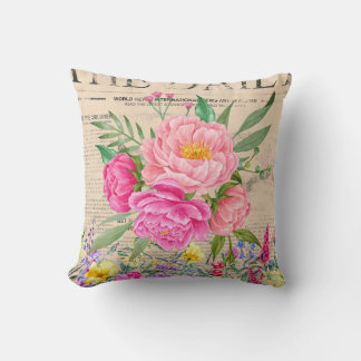 Rose, Watercolor, Vintage Newspapers Throw Pillow