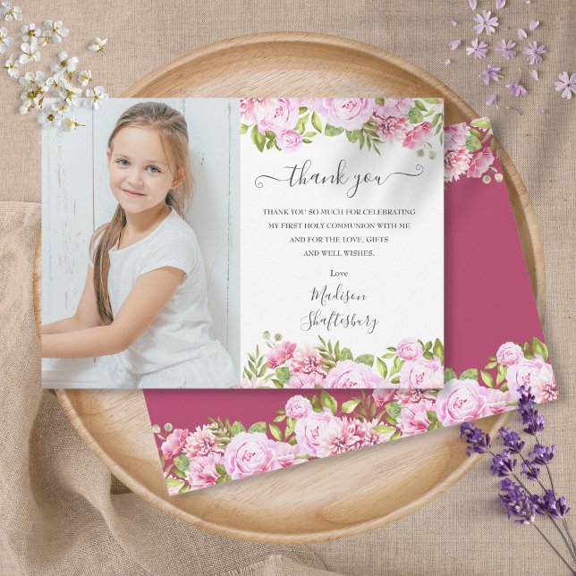 Rose Watercolour First Holy Communion Photo Thank You Card (Creator Uploaded)
