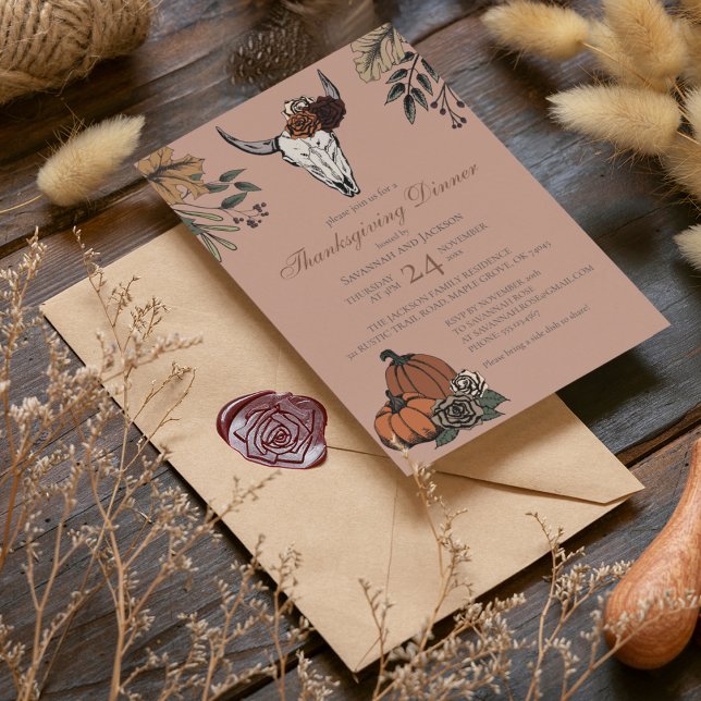Rose Western Thanksgiving Cow Skull Fall Harvest Invitation (Thanksgiving Cow Skull Vintage Rose Invitation. Hand-Drawn Cow Skull & Horns, Roses & Fall Pumpkins.)