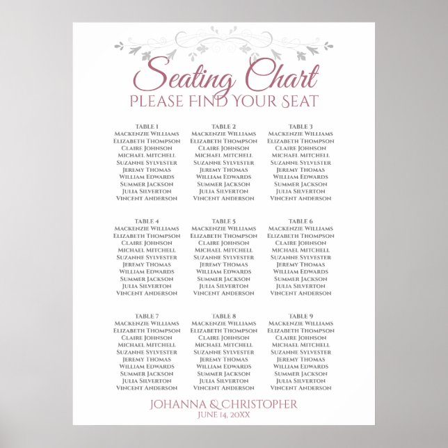 Rose & White Elegant 9 Table Wedding Seating Chart (Front)