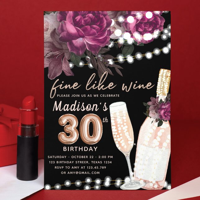 Rose Wine Luxury 30th Birthday  Invitation (Creator Uploaded)