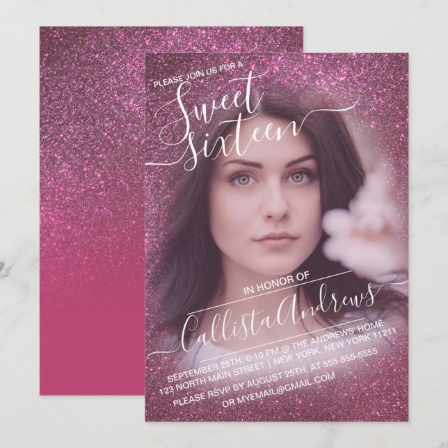 Rose Wine Pink Glitter Ombre Photo Sweet 16 Invitation (Front/Back)