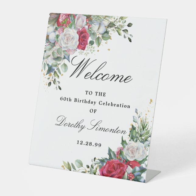 Rose Winter Greenery 60th Birthday Welcome Pedestal Sign (Front)