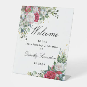 Rose Winter Greenery 80th Birthday Welcome Pedestal Sign