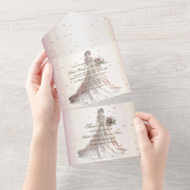 Rose Winter Wedding Bride Golden Shiny Hearts All In One Invitation (Tearaway)
