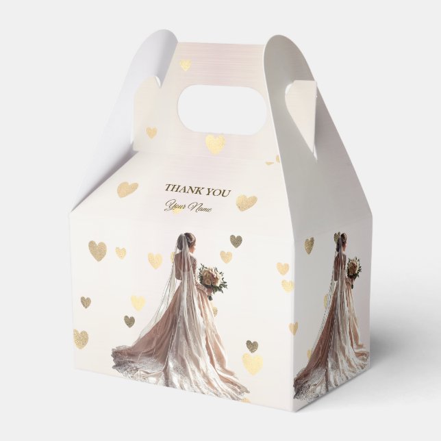 Rose Winter Wedding Bride Golden Shiny Hearts Favor Box (Front Side)