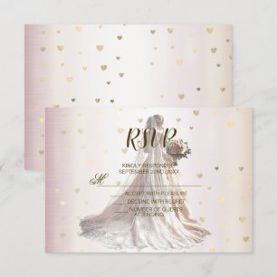 Rose Winter Wedding Bride Golden Shiny Hearts RSVP Card