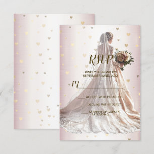 Rose Winter Wedding Bride Golden Shiny Hearts RSVP Card