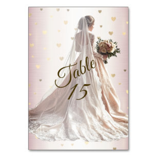 Rose Winter Wedding Bride Golden Shiny Hearts Table Number