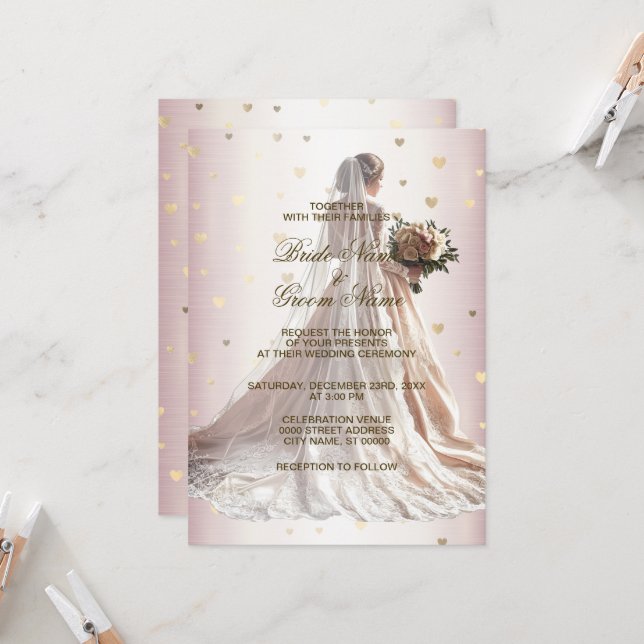 Rose Winter Wedding Dress Bride Golden Shiny Heart Invitation (Front/Back In Situ)