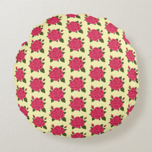 Rose with Buds Pale Yellow Round Pillow