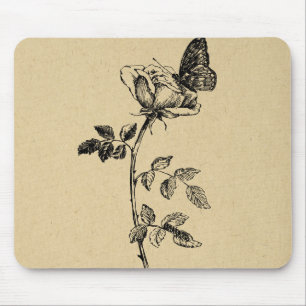 Rose with Butterfly Vintage Art Mouse Pad