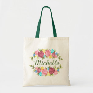 Rose Wreath Floral Name Tote Bag
