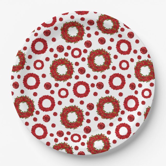 Rose Wreath Polka Pattern for Red Rose Lovers Paper Plate (Front)