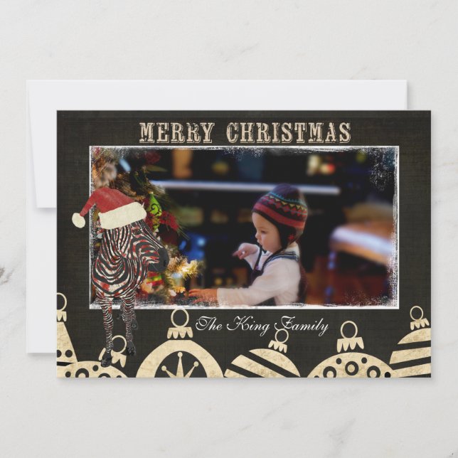 Rose Zebra Black & Ivory Christmas Photo Card (Front)