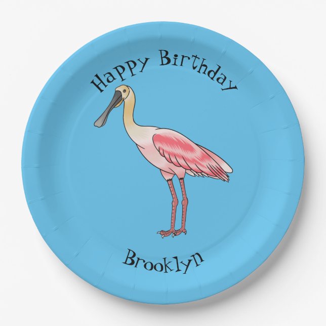 Roseate spoonbill bird cartoon illustration  paper plate (Front)