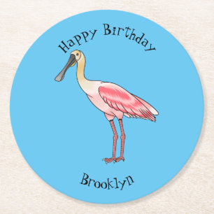 Roseate spoonbill bird cartoon illustration round paper coaster