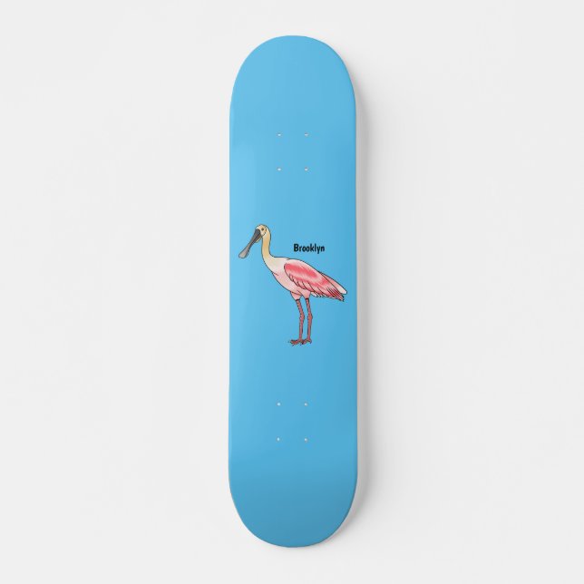 Roseate spoonbill bird cartoon illustration  skateboard (Front)