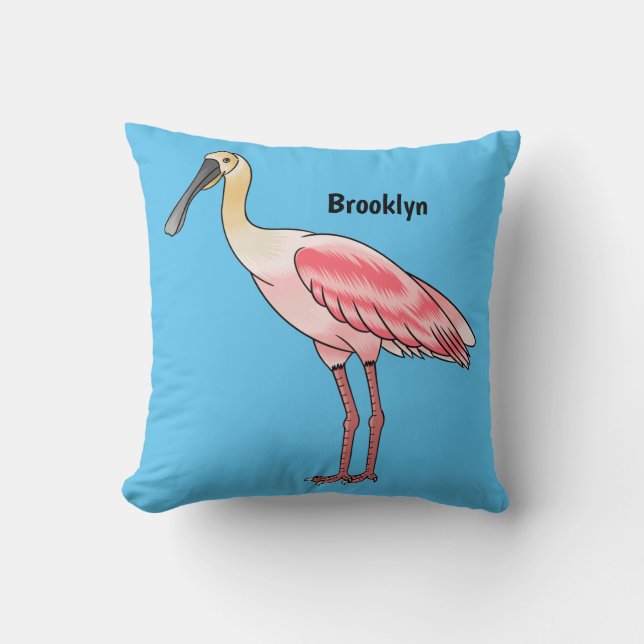 Roseate spoonbill bird cartoon illustration  throw pillow (Front)