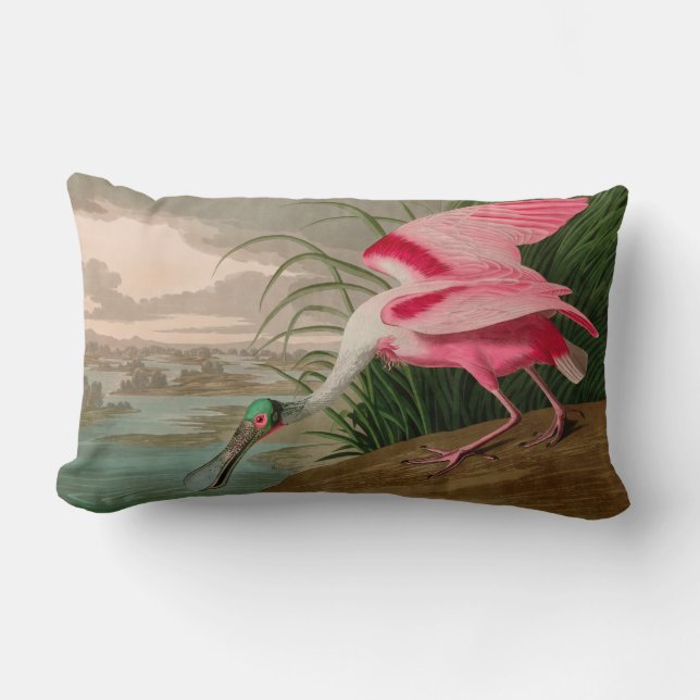Roseate Spoonbill Birds of America Audubon Print Lumbar Pillow (Front)