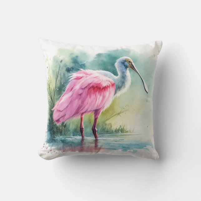 Roseate Spoonbill Watercolor REF97 - Watercolor Throw Pillow (Front)