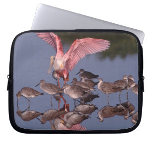 Roseate Spoonbill with Willets in shallow water Laptop Sleeve