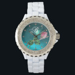 ROSEBUD JEWEL AND DIAMONDS MONOGRAM Blue Gem Watch<br><div class="desc">Elegant floral design , pink rosebud and diamonds in teal blue with 3D pink gemstones.</div>