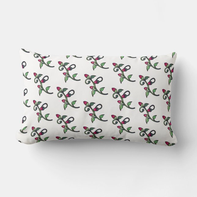 Rosebud Pattern Pink Green and White Country Lumbar Pillow (Front)