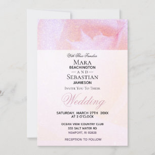 ~ Rosebud Roses Faux Glitter Peach Pink Wedding Invitation