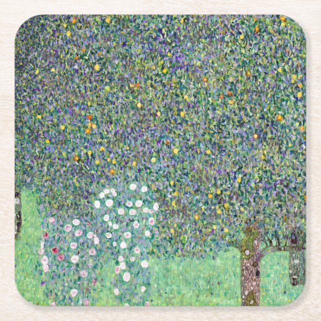 Rosebushes Under The Trees, Gustav Klimt Square Paper Coaster (Front)