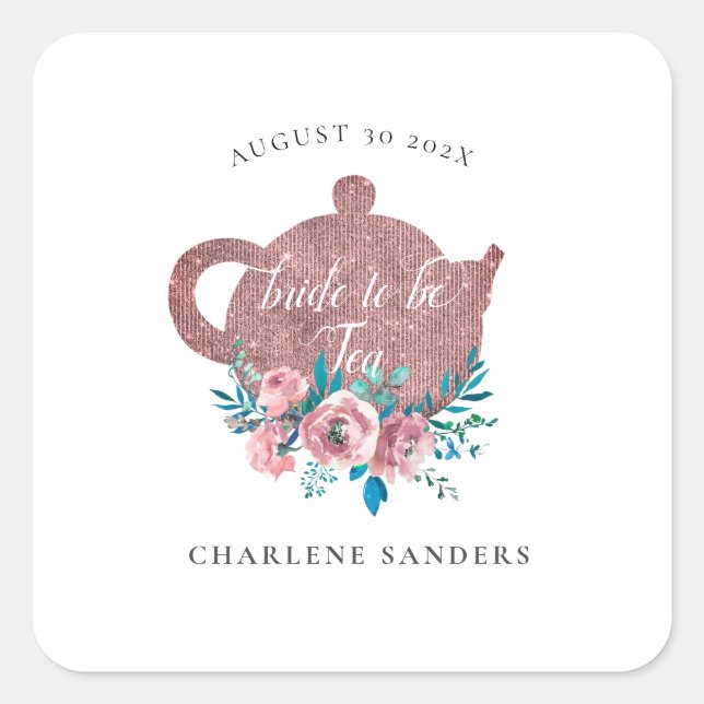 Rosegold and Bright Aqua Bridal Tea  Square Sticker (Front)