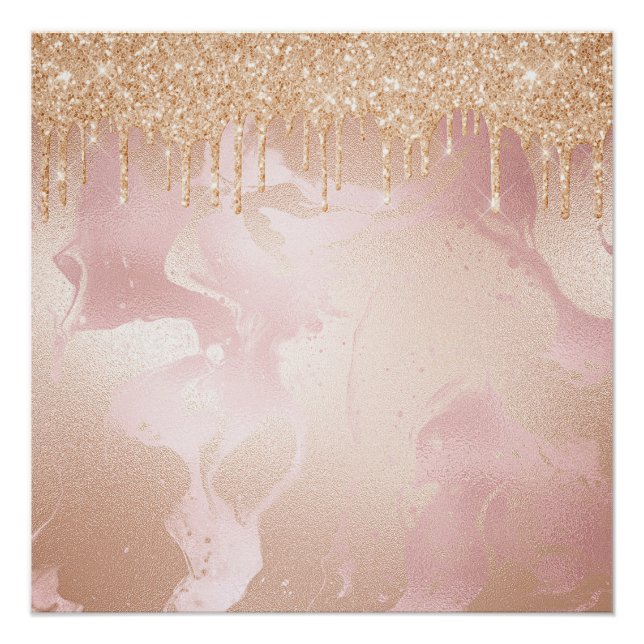 Rosegold Blush Marble with Gold Glitter Droplets Poster (Front)