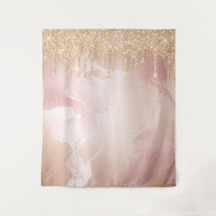 Rosegold Blush Marble with Gold Glitter Droplets Tapestry