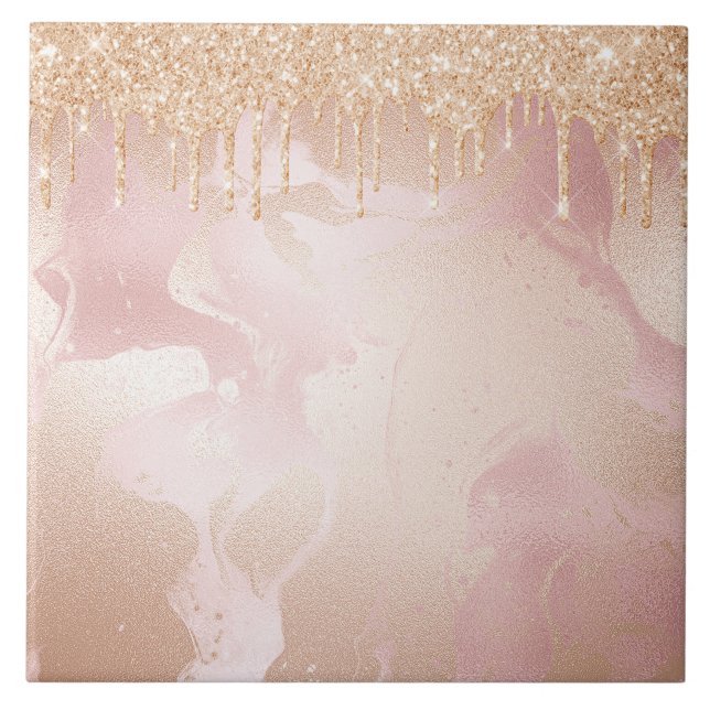 Rosegold Blush Marble with Gold Glitter Droplets Tile (Front)