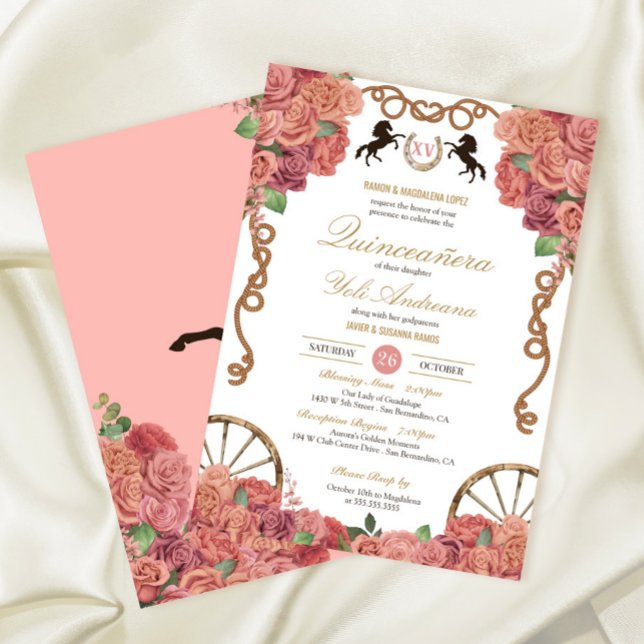 Rosegold Blush Pink Rose Charro Ranch Quinceañera Invitation (Creator Uploaded)