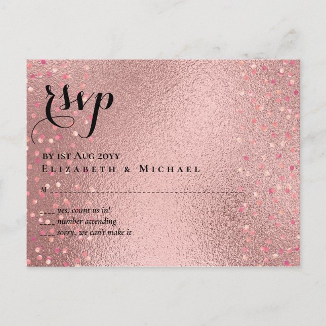 RoseGold Glitter Glam RSVP Wedding BUDGET Postcard (Front)