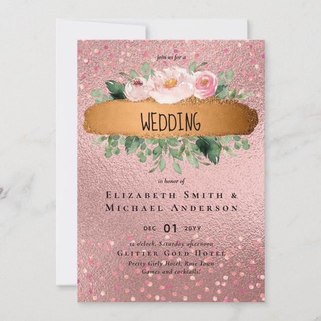 RoseGold Metallic Glitter Floral Foil Look Wedding (Front)