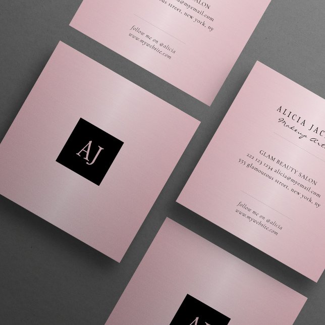 Rosegold pink metallic monogrammed makeup artist square business card (Creator Uploaded)