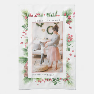 Rosehips & Holly Berries Christmas Greenery Photo Kitchen Towel