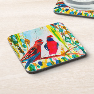 Rosella birds in tree watercolor art coaster