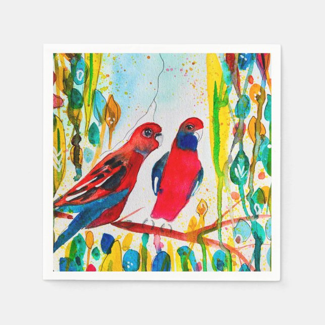 Rosella birds in tree watercolor art napkin (Front)